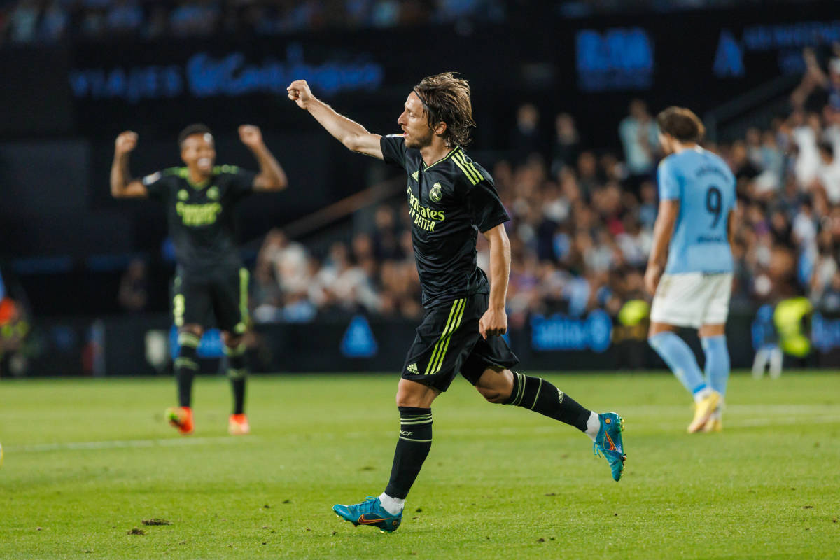 Luka Modric pictured celebrating after scoring from long range during Real Madrid's 4-1 win at Celta Vigo in August 2022